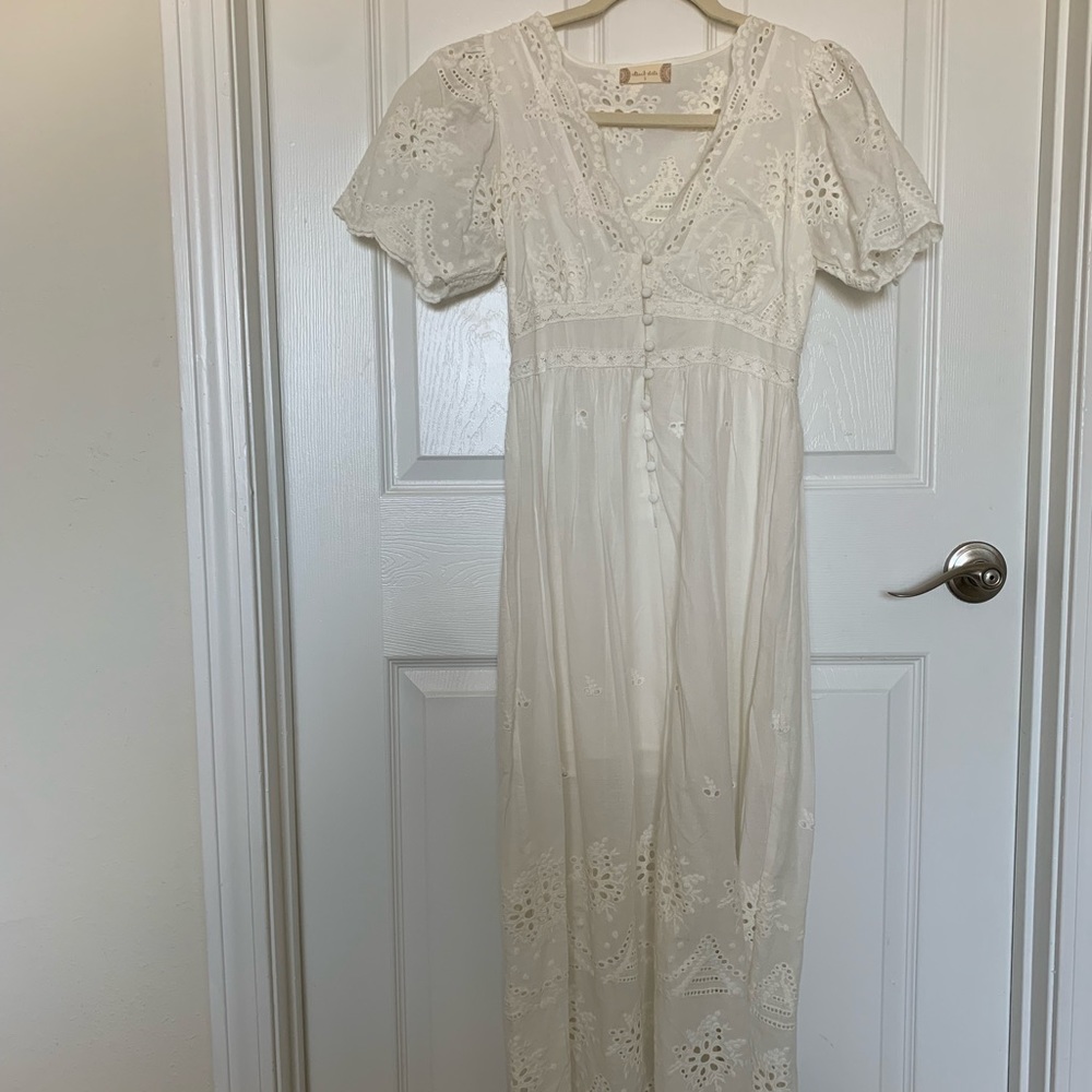 White lacy Altar’d State midi dress. Size small.